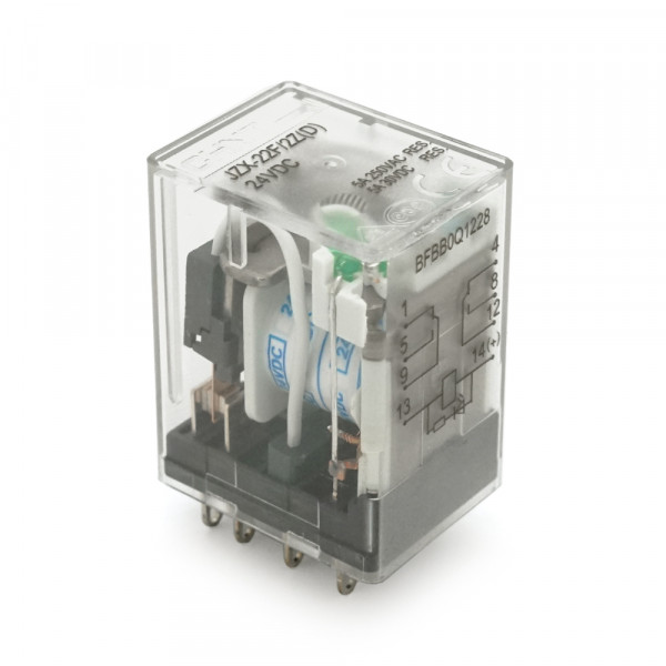 Реле електромагнітне CHINT JZX-22F(D)/2Z, DC24V, контактна група 2CO+2NO, (0,9~1,2) Вт, номінальний ток 5А, катушка 640×(1±10%)Ом, 27,5*21,5*35,5мм