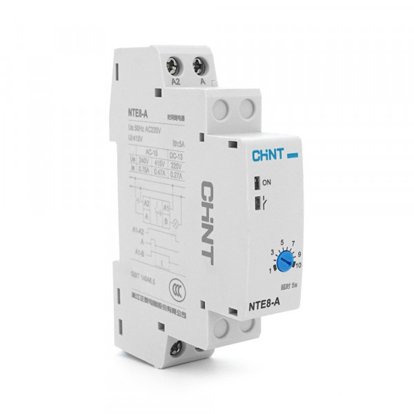 Реле часу CHINT NTE8A015S, на DIN-рейку, затримка відключення-0.1с-5с, Ue/le: AC-15 240В/0,75А, -5°С~+40°С, 93х66,5х18,5 мм