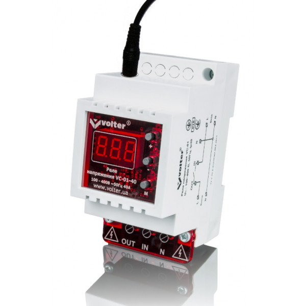 Захисне реле з контролем струму та напруги Volt-control VC-01-40Т на DIN-рейку, 32А, 7000Вт, 85-400В, тримодульне (червоний індикатор)