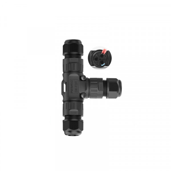 Кабельний T-розгалужувач EW-P20T-3P, під кабель 5-9 мм, 16A, 450V, Black