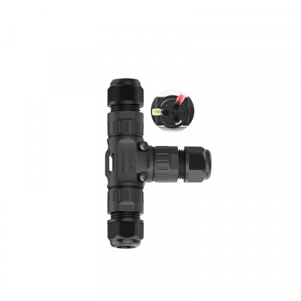 Кабельний T-розгалужувач EW-P20T-3P, під кабель 5-9 мм, 16A, 450V, Black