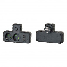 Розетка трійник Т-подібний із заземленням F302-Black, 2 розетки+3USB(1А), 2500W, 10A, 110-250V~Max, Blister