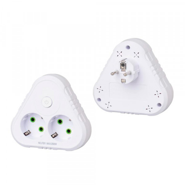 Розетка трійник із заземленням F201-White з вимикачем, 2 розетки, 2500W, 10A, 110-250V~Max, Blister