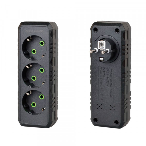 Розетка трійник із заземленням F101-Black, 3 розетки, 2500W, 10A, 110-250V~Max, Blister