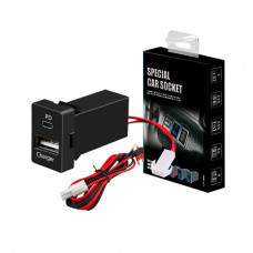 Flush-mounted car charger 38W-L01T03-Fuse, PD+QC, Type-C: 20W, USB: 18W, soldering wire kit with fuse, 33x22x58mm, Black