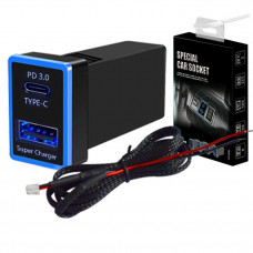 АЗУ врізне 60W-D01T03-S, PD+QC, Type-C: 30W, USB: 30W, LED підсвічування, комплект проводів під паяння, 33x22х58mm, Black