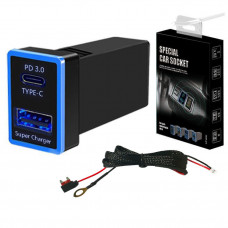 АЗУ врізне 60W-D01T03-Fuse, PD+QC, Type-C: 30W, USB: 30W, LED підсвічування, комплект проводів під паяння з запобіжником, 33x22х58mm, Black