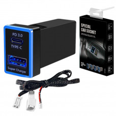 АЗУ врізне 60W-D01T03-С, PD+QC, Type-C: 30W, USB: 30W, LED підсвічування, комплект дротів з роз'ємами, 33x22х58mm, Black