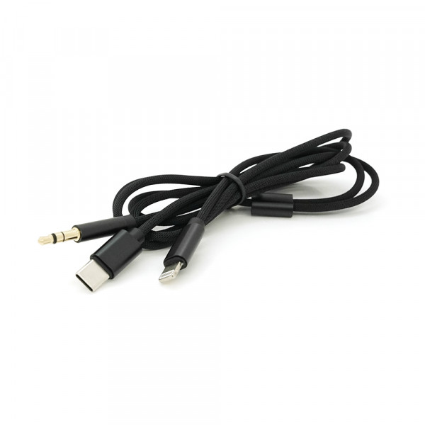 Перехідник KIN KY-233 Jack 3.5mm(M)=>Type-C(M) +Lighting(M), 110см, Black, Box