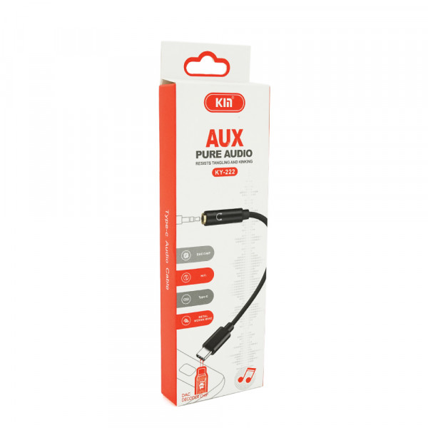 Кабель-перехідник KIN KY-222 Jack 3.5mm(F) => Type-C(M), 0.1м, Black, Box
