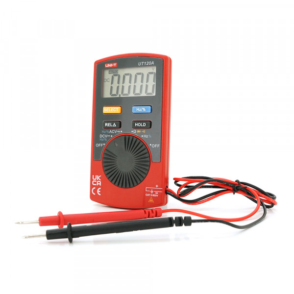Мультиметр UNI-T UT120A. Вимірювання: V (AC/DC), Ω, Hz, DUTY. Функції: Hold, REL, продзвонювання, тест діодів, авто-діапазон. 110x58.2x10.8 мм. 76 г