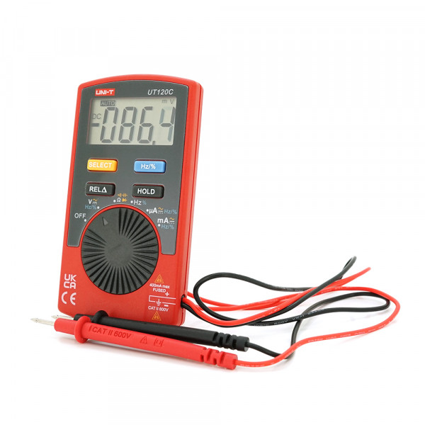 Мультиметр UNI-T UT120C: вимірювання V A Ω C Hz °C. Функції True RMS продзвінку тест діодів перевірка транзисторів. Габарити 110 58 11 мм. Вага 76 г.