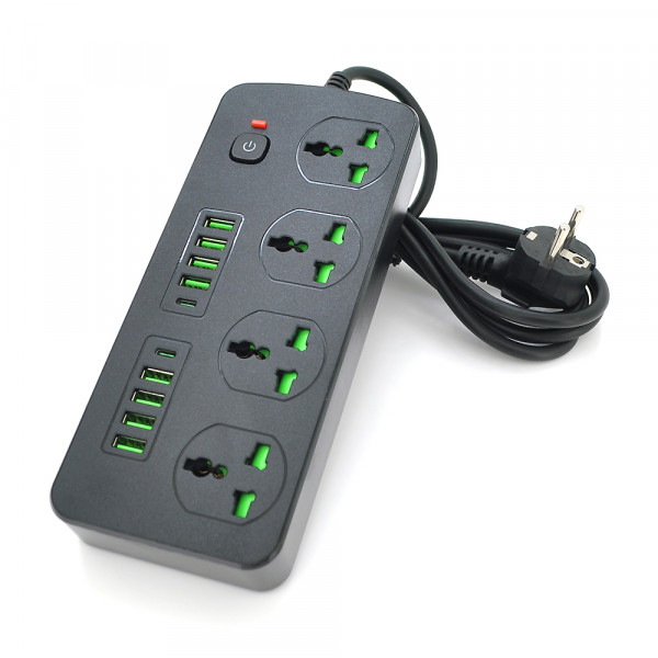 Мережевий фільтр  Т25, 4 розетки + 8 USB + 2 PD, 2 м, перетин 3х0, 75мм, 3000W, Black, Box