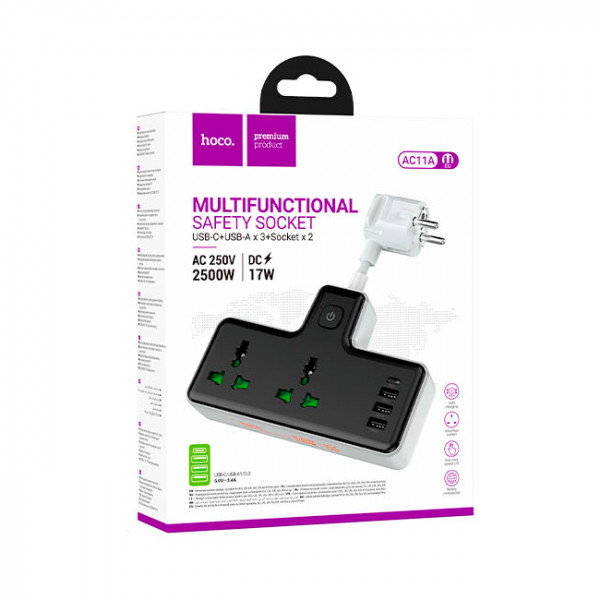 Мережевий фільтр HOCO AC11A на 2 розетки + 3 USB + USB-C, 17W, кабель 1,5 м, 220В, Black, Box
