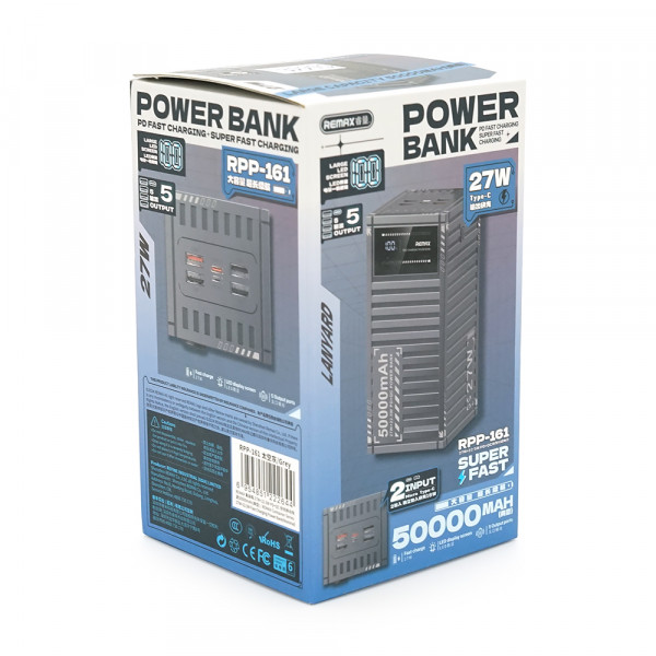 Power Bank Remax RPP-161 50000mAh, PD 27W+QC 22.5W, Gray, 1.054kg