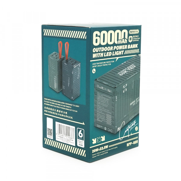 Power Bank Remax RPP-609 60000mAh, PD 20W+QC 22.5W, Gray, 1.275kg