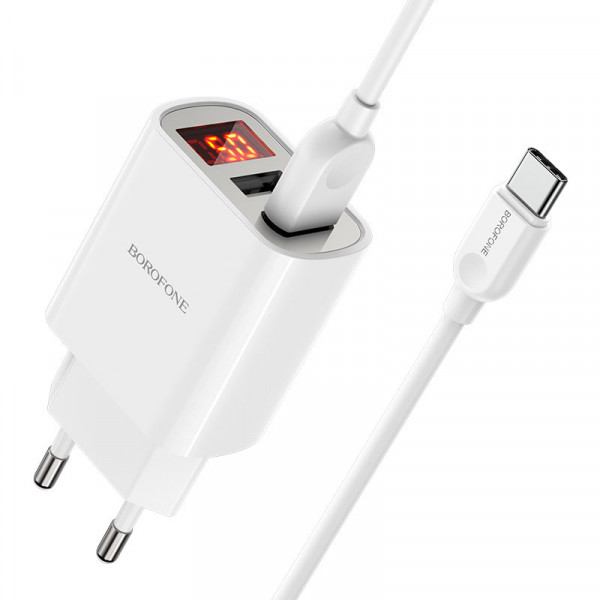 Набір BOROFONE BA58A СЗУ 2xUSB, LED+кабель Type-C, 2.4A, 1м, White, Box