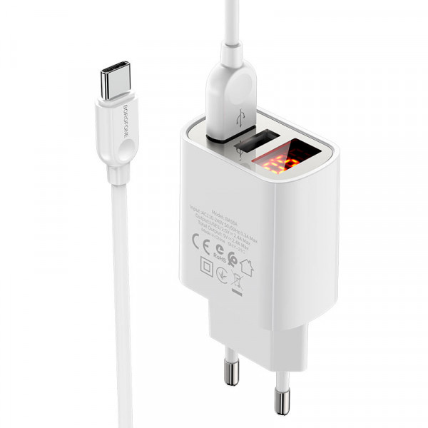 Набір BOROFONE BA58A СЗУ 2xUSB, LED+кабель Type-C, 2.4A, 1м, White, Box