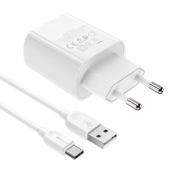 Набір BOROFONE BA58A СЗУ 2xUSB, LED+кабель Type-C, 2.4A, 1м, White, Box