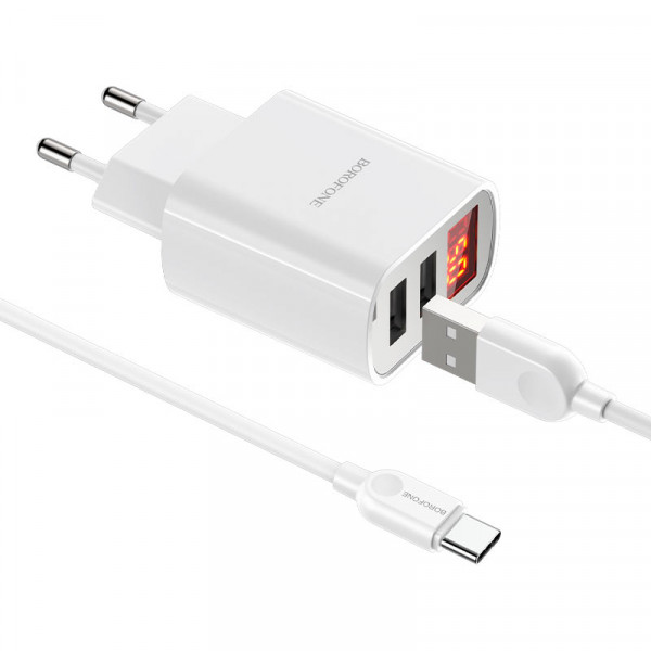 Набір BOROFONE BA58A СЗУ 2xUSB, LED+кабель Type-C, 2.4A, 1м, White, Box