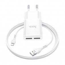 Набір СЗУ 110-240V HOCO C88A + кабель Lighting, 2xUSB, 2.4A, кабель 1м, White, Box