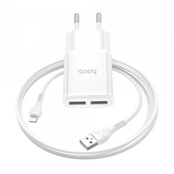 Набір СЗУ 110-240V HOCO C88A + кабель Lighting, 2xUSB, 2.4A, кабель 1м, White, Box