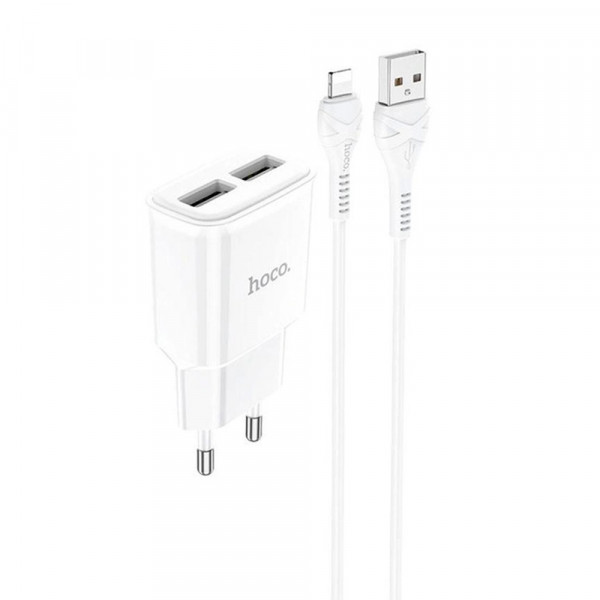 Набір СЗУ 110-240V HOCO C88A + кабель Lighting, 2xUSB, 2.4A, кабель 1м, White, Box
