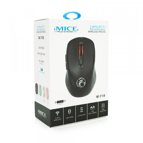 Миша бездротова iMICE W-718, 6 кнопок, 800/1200/1600 DPI, 2.4Ghz, Bluetooth, 10м, Windows XP/Vista/Win7/8/10 Mac OS X, Rechargable, White, BOX, Q100