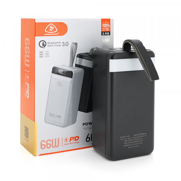Powerbank LIONPATTON L46, 60000mAh, QC3.0, MicroUSB, Type-C, Lighting, 3xUSB, Black, Box