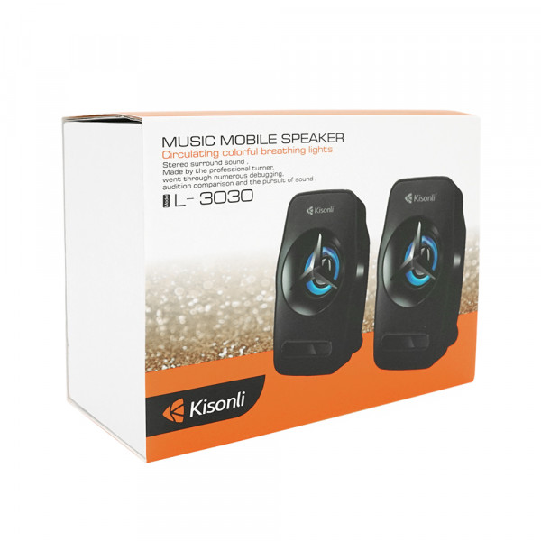 Колонки 2.0 Kisonli L-3030 для ПК та ноутбука, USB + 3.5mm, 2x3W, 20Hz-20KHz, 20X11X13mm, black