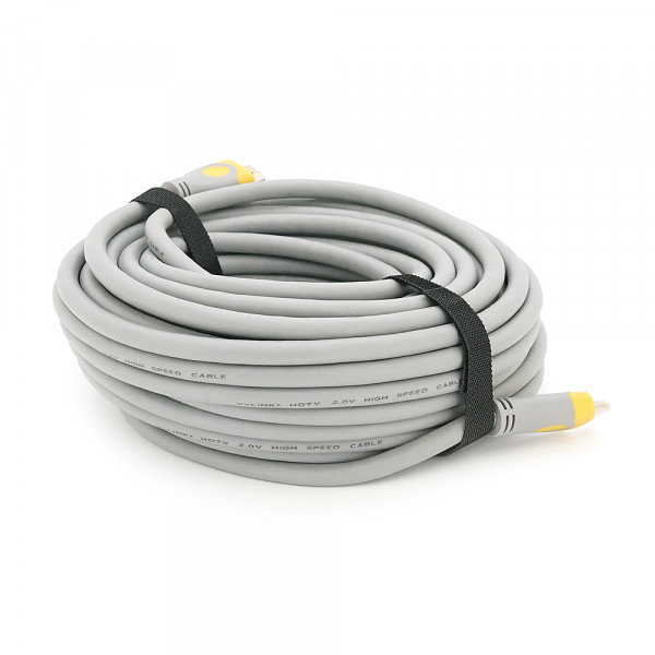 Кабель Merlion HDMI-HDMI V-Link High Speed 15.0m, v2,0, OD-8.2mm, круглий Grey, коннектор Grey / Yellow, (Пакет), Q25