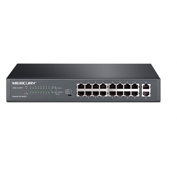 Комутатор POE Mercury SG118PS 16 портів POE 100Мбит + 2 порт Ethernet (UP-Link) 100 Мбіт, БП вбудований, BOX (294*180*44)