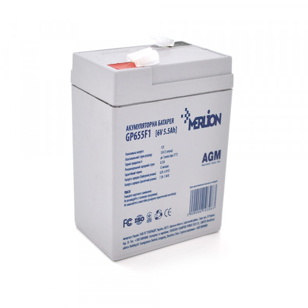 Акумуляторна батарея MERLION AGM GP655F1 6 V 5.5Ah ( 70 x 47 x 100 (105)), 0.75 kg, Grey, Q20/2400