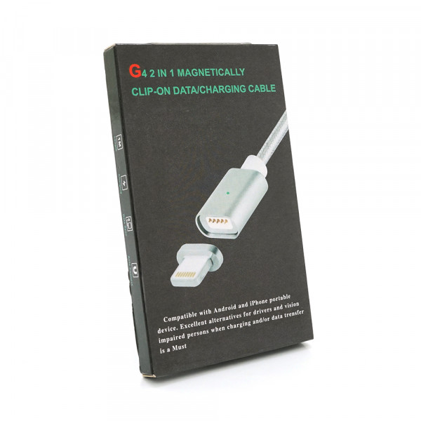Магнітний кабель USB 2.0/Lighting, 1m, 2А, індикатор заряду, тканинне обплетення, знімач, Silver, Blister ( під наконечник 1938 )