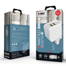 Набір 2 в 1 СЗУ With Iphone Cable 110-240V MY-A203, 2 x USB, 5V/12W, Output: 5V/2.4A, White, Blister-box
