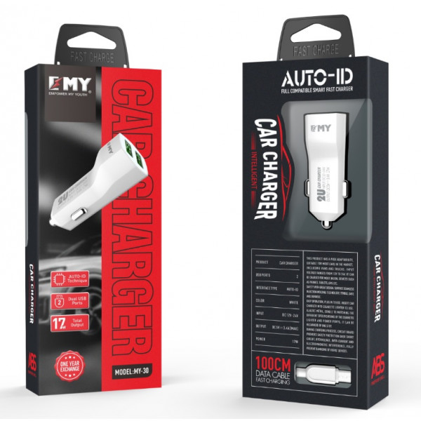 Набір 2 в 1 АЗУ With Micro-Usb Cable DC12-24V MY-30, 2 x USB, 5V / 12W, Output: 5V / 2.4A, White, Blister- box