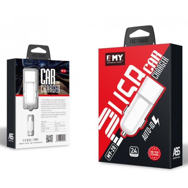 Набір 2 в 1 АЗУ With Iphone Cable DC12-24V MY-20, 1 x USB, 5V / 12W, Output: 5V / 2.4A, White, Blister- box
