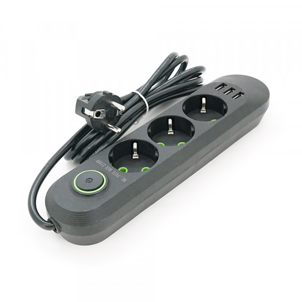 Мережевий фільтр F03U, 3 розетки EU + 3 USB, 1.5 м, перетин 3х0, 75мм, 2500W, Black, Bag