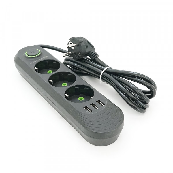 Мережевий фільтр F03U, 3 розетки EU + 3 USB, 1.5 м, перетин 3х0, 75мм, 2500W, Black, Bag