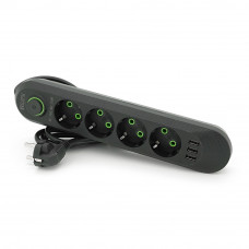 Мережевий фільтр F04U, 4 розетки EU + 3 USB, 1.5 м, перетин 3х0, 75мм, 2500W, Black, Box