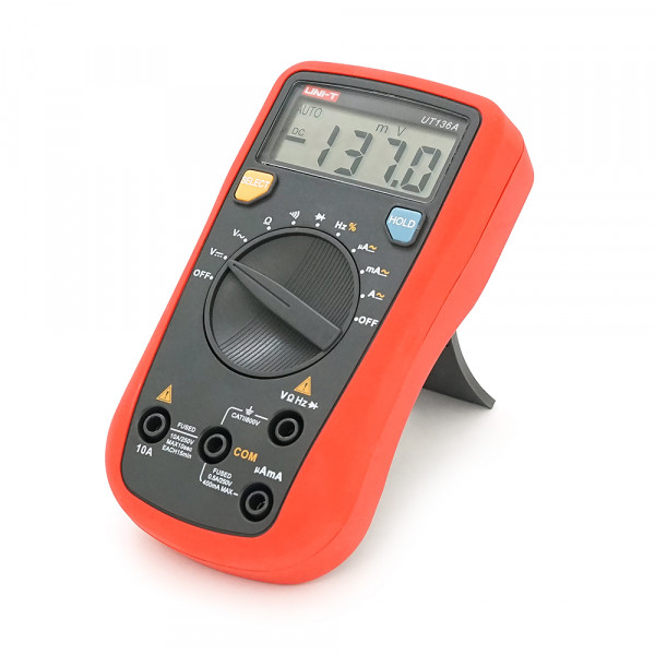 Мультиметр UNI-T UT136A Вимірювання: V (AC/DC), A (AC/DC), Ω, Hz, DUTY. Функції: Data Hold, продзвонювання, тест діодів, автовимкнення.