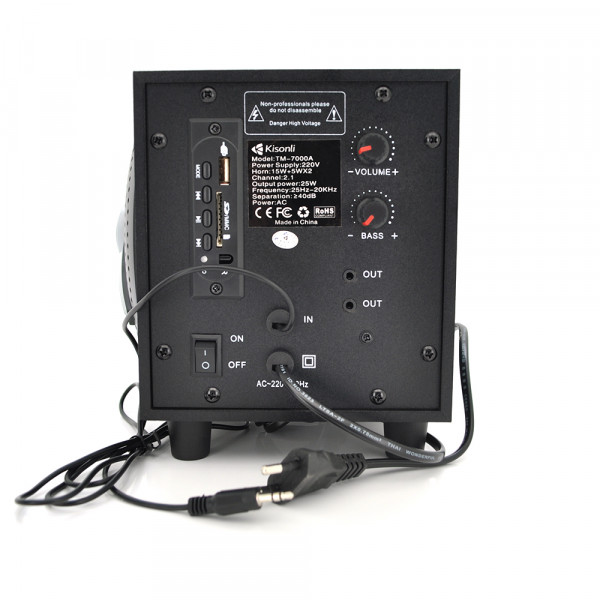 Колонки 2.1 Kisonli TM-7000A, для ПК і ноутбука, живлення 220V + jack 3.5mm, 15W+2x5W, 20Hz- 20KHz, з сабвуфером, bluetooth, Black, BOX, Q6