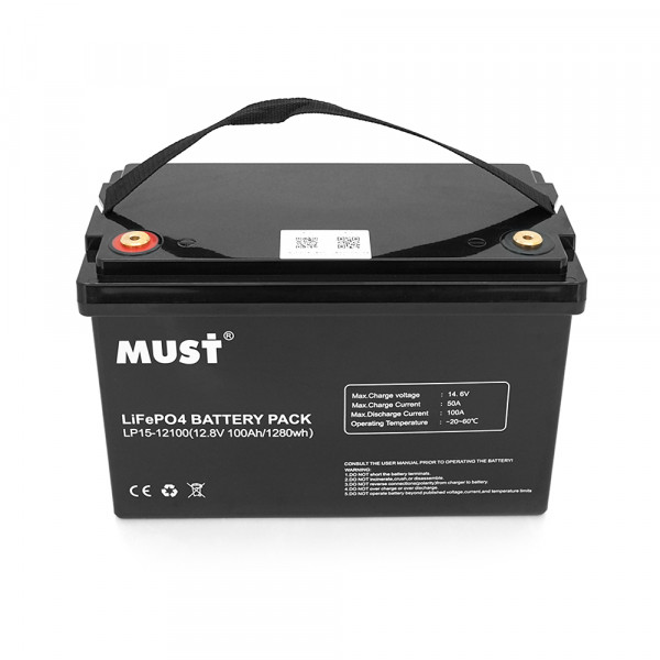 Акумуляторна батарея Must LiFePO4 LP15-12100 12,8V 100Ah, 1,28kWh, BMS50A@4S, 6000 cycles, 339x185x218, 12kg