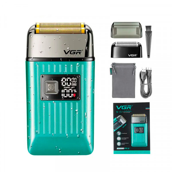 Електробритва VGR V-357 GREEN, подвійне лезо, 2 насадки, висувний триммер, IPX6, LED display, Box