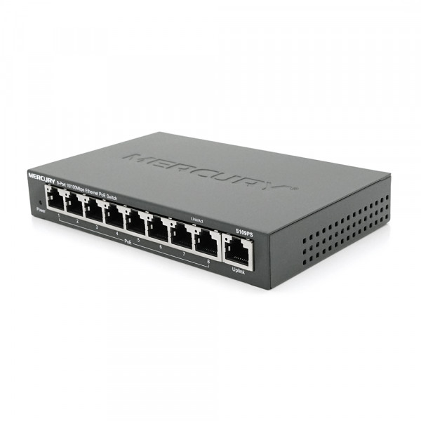 Комутатор POE 48V Mercury S109PS 8 портів POE + 1 порт Ethernet (Uplink) 10/100 Мбіт / сек, БП в комплекті, BOX Q200 (258 * 196 * 66) 0,72 кг (158 * 99 * 25)