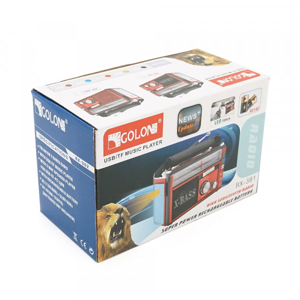 Радіоприймач GOLON RX381BT, LED, 3W, AM/FM радіо, Входи microSD, USB, Bluetooth, живлення від 220+АКБ+2*LR20, корпус пластмас, BOX