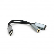 Перехідник VEGGIEG TC-208 Type-C(M) => Jack 3.5mm(F)+Type-C(F), 5см, Silver/Black, Пакет