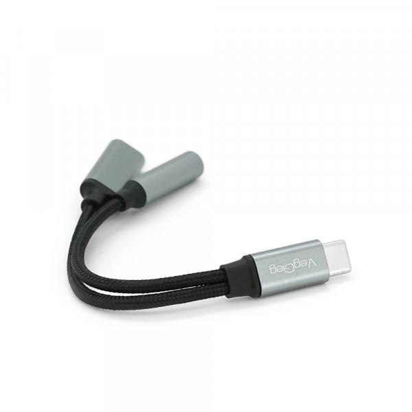 Перехідник VEGGIEG TC-208 Type-C(M) => Jack 3.5mm(F)+Type-C(F), 5см, Silver/Black, Пакет