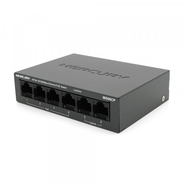 Комутатор POE Mercury MS06CP з 4 портами POE+ 2 порти UP-Link 100Мбіт, БП в комплекті, Q20