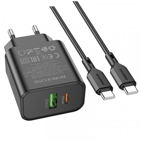 Набір BOROFONE BA88A СЗУ USB+Type-C+ кабель Type-C, PD20W+Q3.0, 1м, Black, Blister